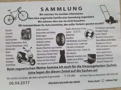 Illegale Abfallsammlung Mit solchen Zetteln wirbt eine angeblich ungarische Familie dafür, dass sie am Donnerstag, 06. April 2017 in Möhrendorf allerlei Dinge sammelt.