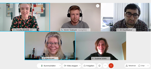 Cornelia Schmidt, Bildungskoordinatorin für Neuzugewanderte ERH, Dimitri Vodolaski, Delia Marohn („ZuSpruch“ Team des Sprachmittlerpools, bfz Erlangen) Amil Sharifov (Koordinator der Flüchtlings- und Integrationsarbeit Stadt Erlangen), Susanne Schön, Integrationslotsin ERH.